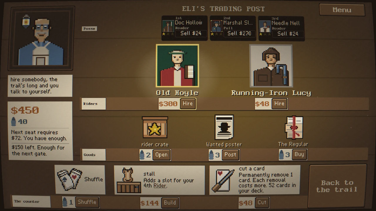 Eli's Trading Post: riders for hire, a rider crate, a wanted poster and a paper on the shelf.